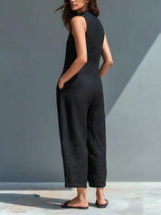 Aria Johnson | Sleeveless Loose-Fit Linen Jumpsuit in Black