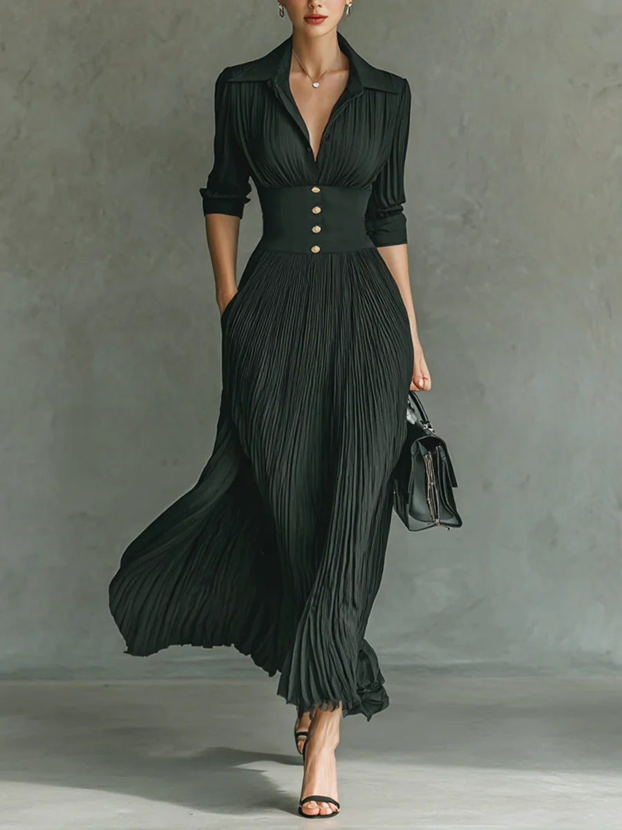 Auriane Bellecourt | Black Pleated Maxi Dress with Fitted Waist
