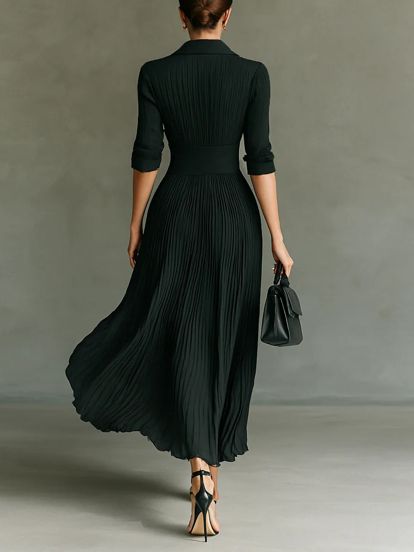 Auriane Bellecourt | Black Pleated Maxi Dress with Fitted Waist