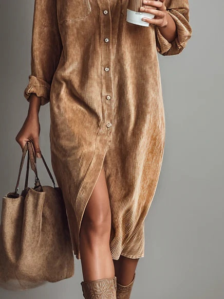 Corinthia Blackwell | Camel Corduroy Midi Shirt Dress