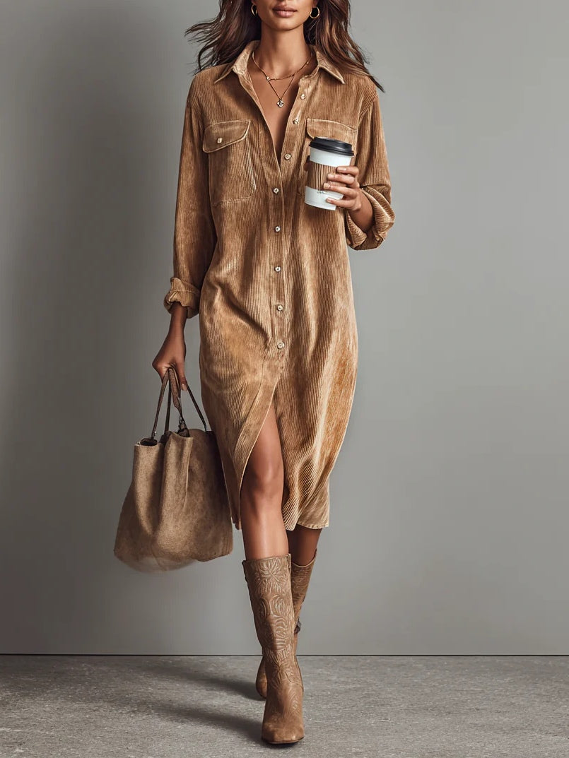Corinthia Blackwell | Camel Corduroy Midi Shirt Dress