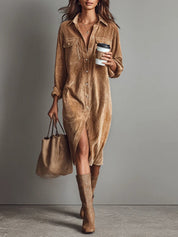Corinthia Blackwell | Camel Corduroy Midi Shirt Dress