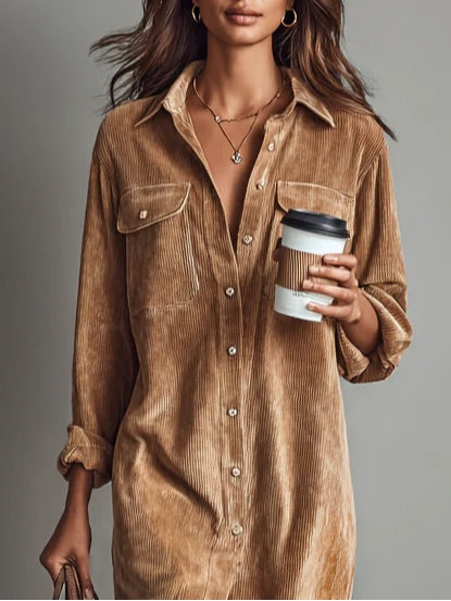 Corinthia Blackwell | Camel Corduroy Midi Shirt Dress