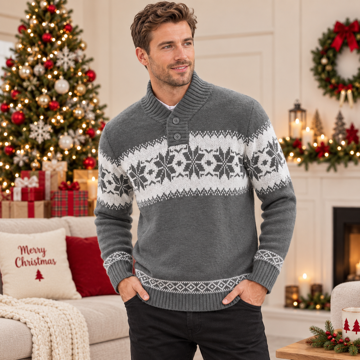 Yule Tide | Red Snowflake Fair Isle Christmas Sweater For Men