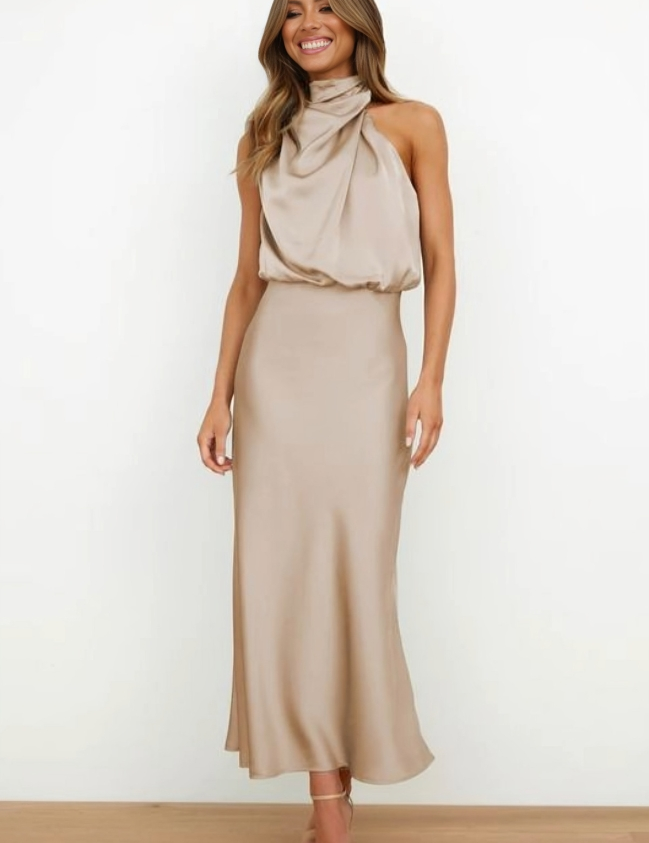 Seraffina Wolvecourt | Sage Green Satin Halter Midi Dress