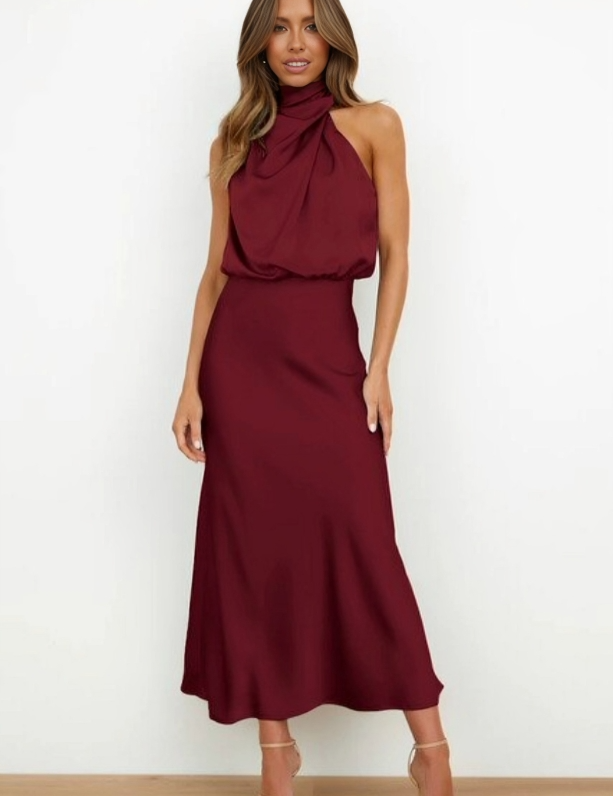 Seraffina Wolvecourt | Sage Green Satin Halter Midi Dress