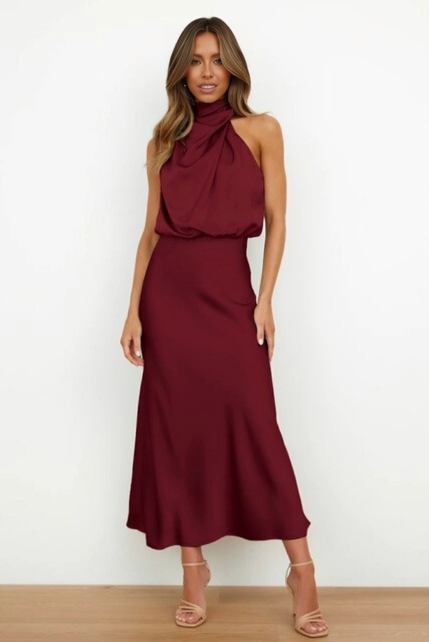 Seraffina Wolvecourt | Sage Green Satin Halter Midi Dress