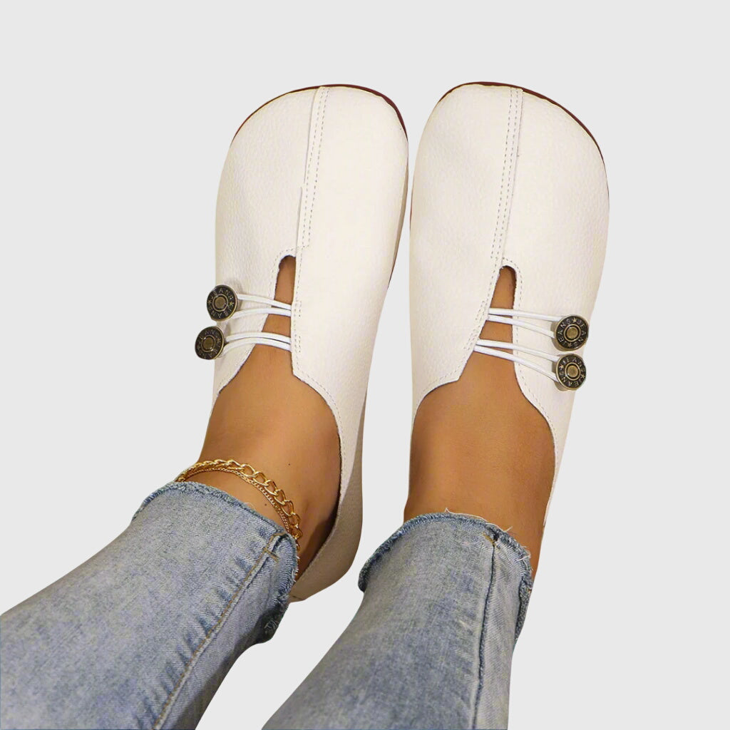 Aurelia Strandcourt | Vintage Brown Suede Slip-On Flats with Button Detail