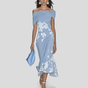 Celeste Normandy | Green Floral Off-Shoulder Midi Dress