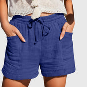 Améline Chartreuse | Cotton Gauze Drawstring Shorts in Khaki