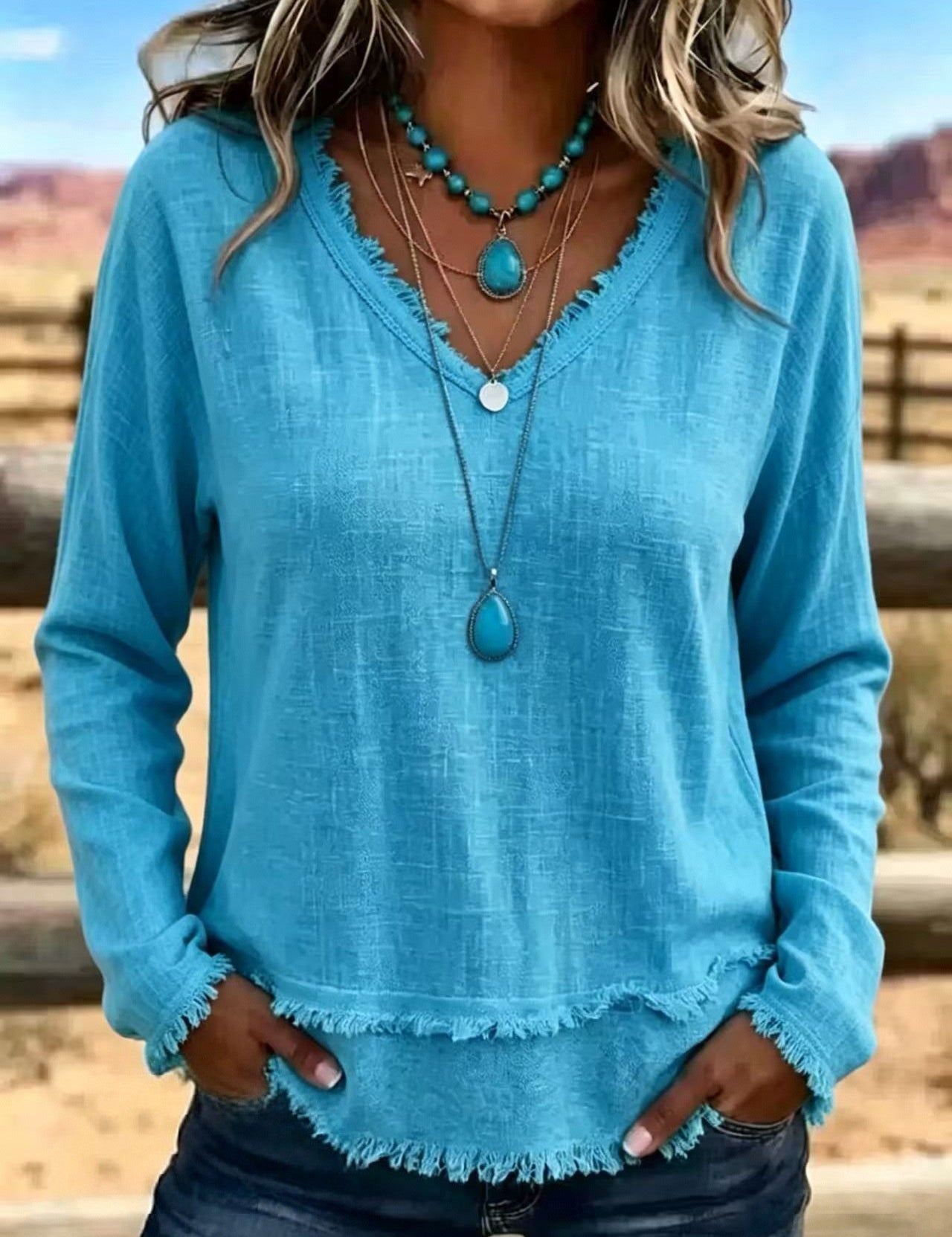 Isabelle Rousseau | Frayed V-Neck Long Sleeve Top For Women