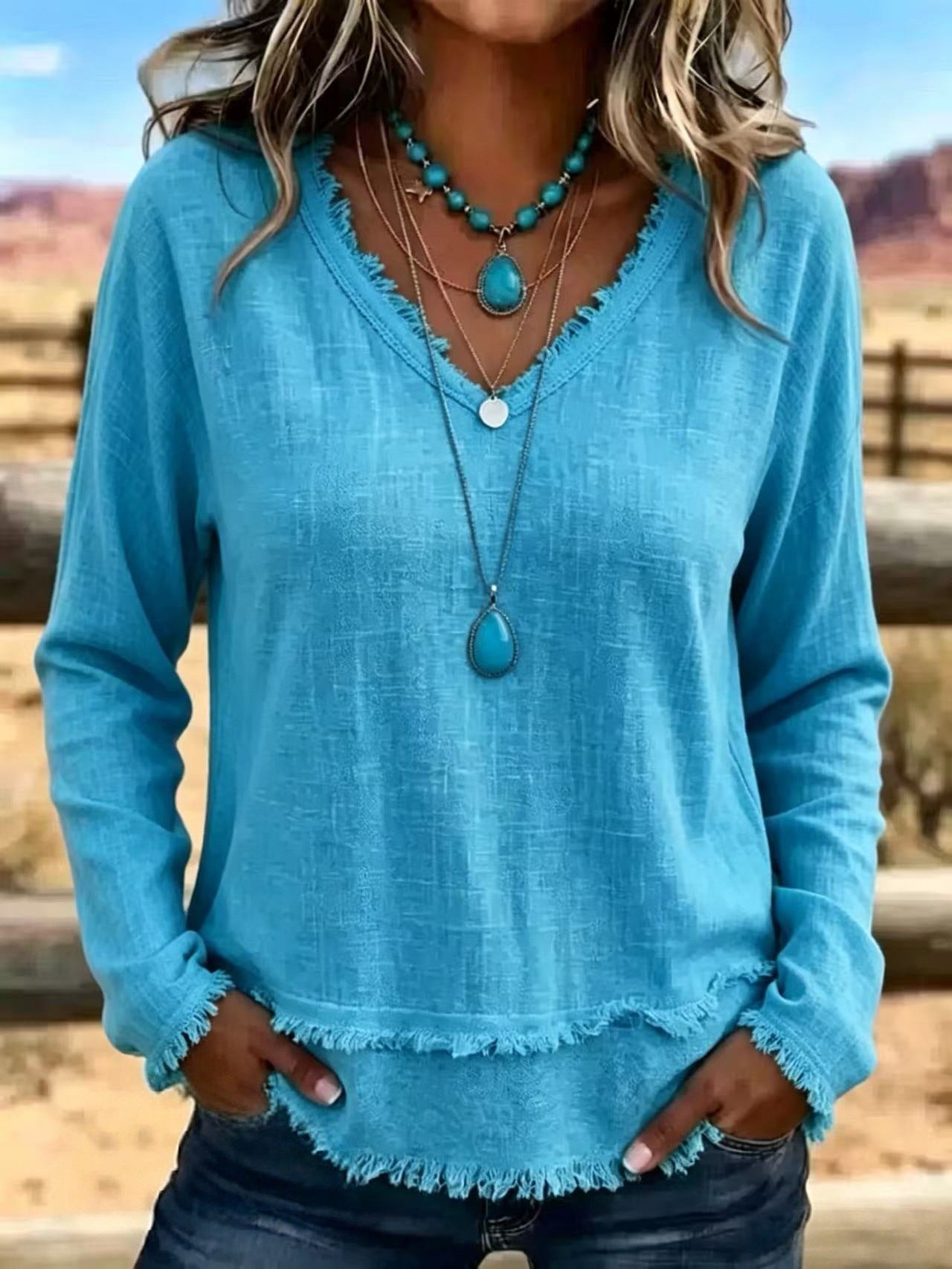 Isabelle Rousseau | Frayed V-Neck Long Sleeve Top For Women