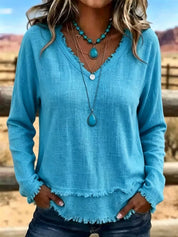 Isabelle Rousseau | Frayed V-Neck Long Sleeve Top For Women