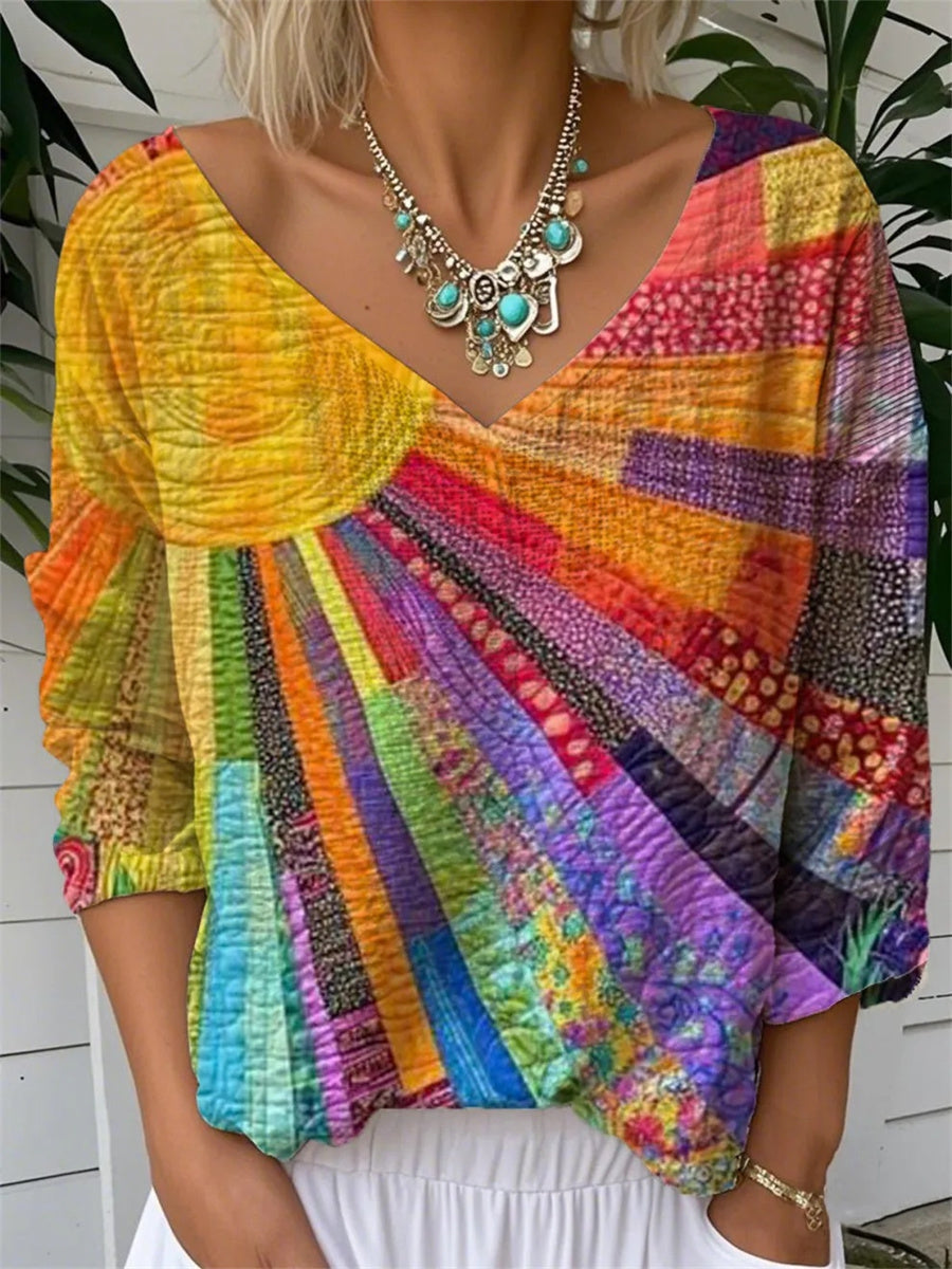 Solène Marcovici | Colorful Patchwork V-Neck Blouse For Women