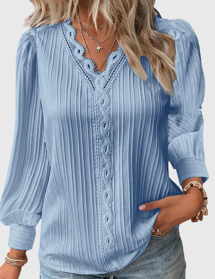 Céleste Fontaine | Yellow Lace Trim V-Neck Pullover Blouse