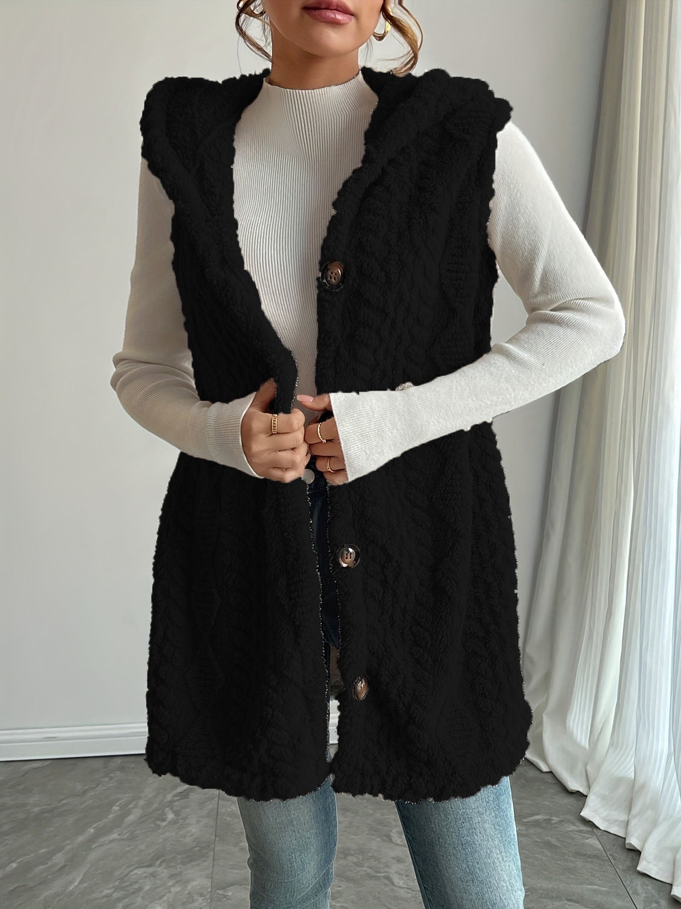 Genevieve Sorel | Hooded Sleeveless Longline Cardigan Vest For Women
