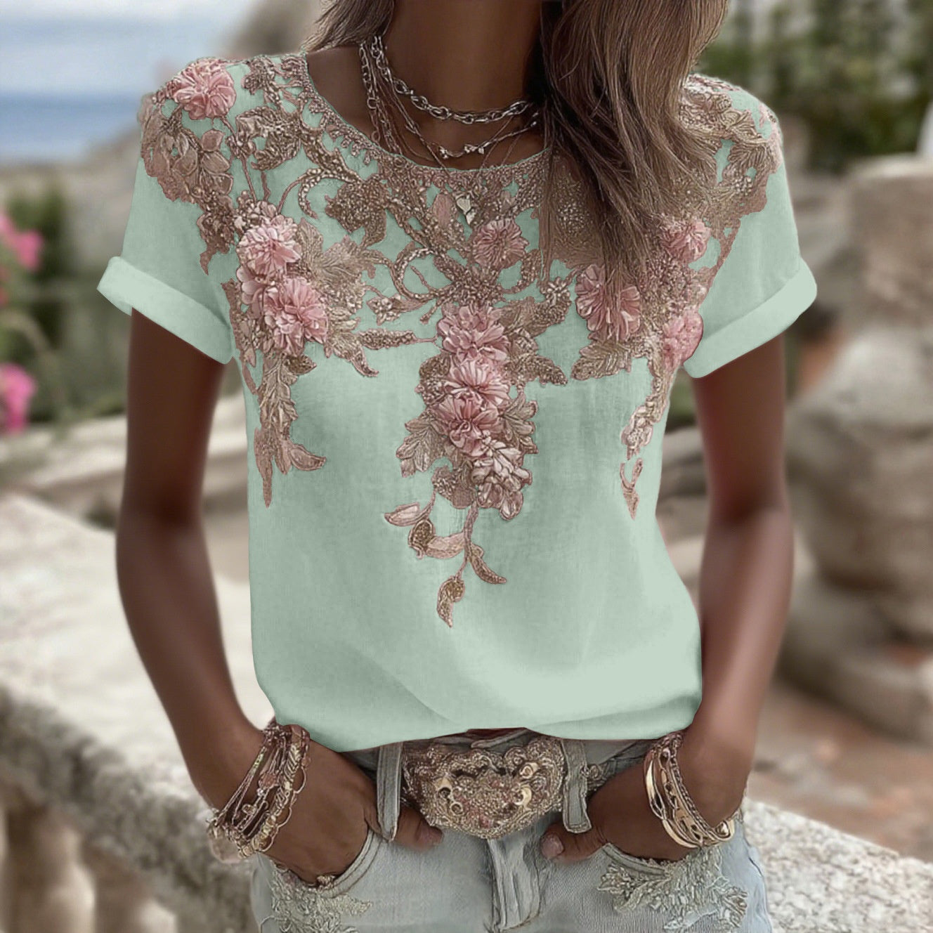 Adriana Castellano | Embroidered Floral Round Neck Top For Women
