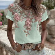 Adriana Castellano | Embroidered Floral Round Neck Top For Women