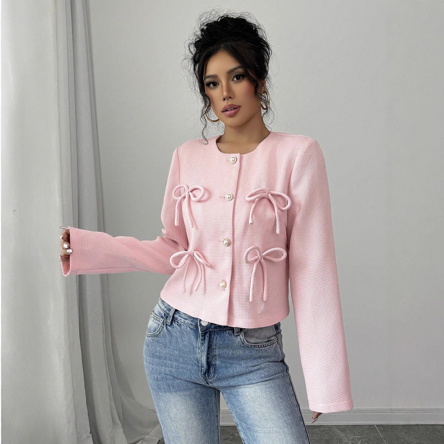 Genevieve Lachance | Pink Tweed Bow Cropped Jacket For Women