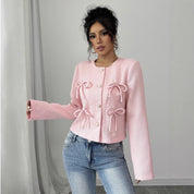 Genevieve Lachance | Pink Tweed Bow Cropped Jacket For Women