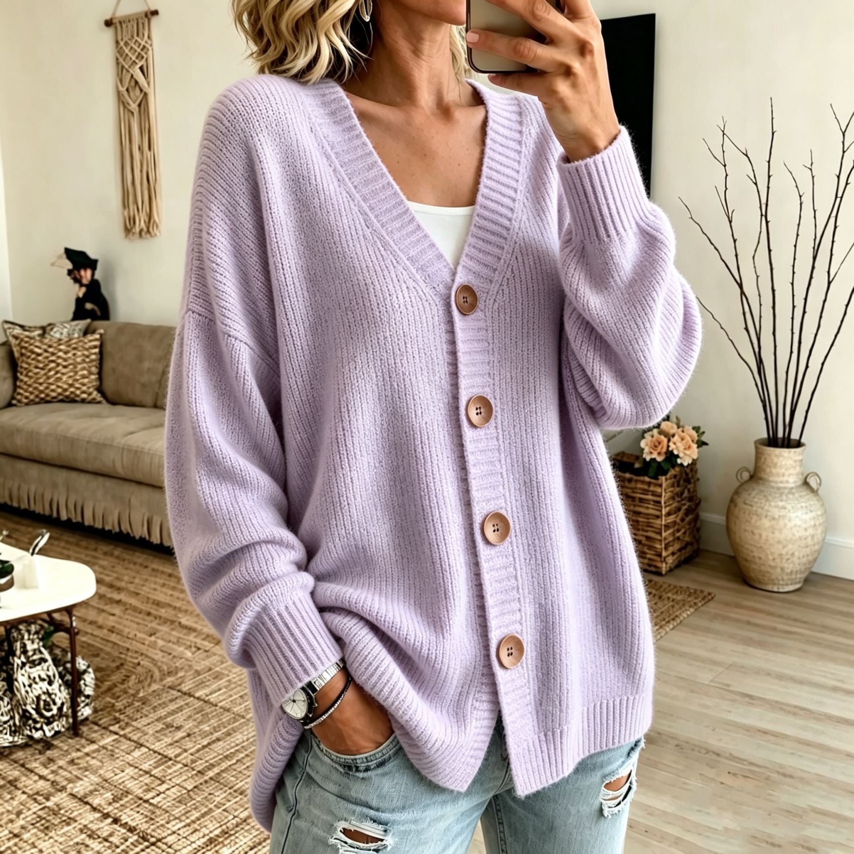 Adeline Fontrose | Buttoned V-neck Knitted Cardigan Sweater For Women