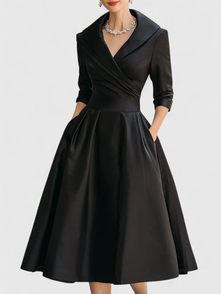 Nicolette Valmonde | Black A-Line Midi Dress with 3/4 Sleeves