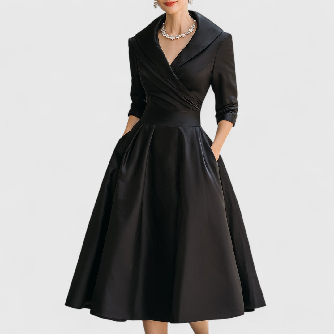 Genevra Elsinore | Navy Blue A-Line Midi Dress with 3/4 Sleeves