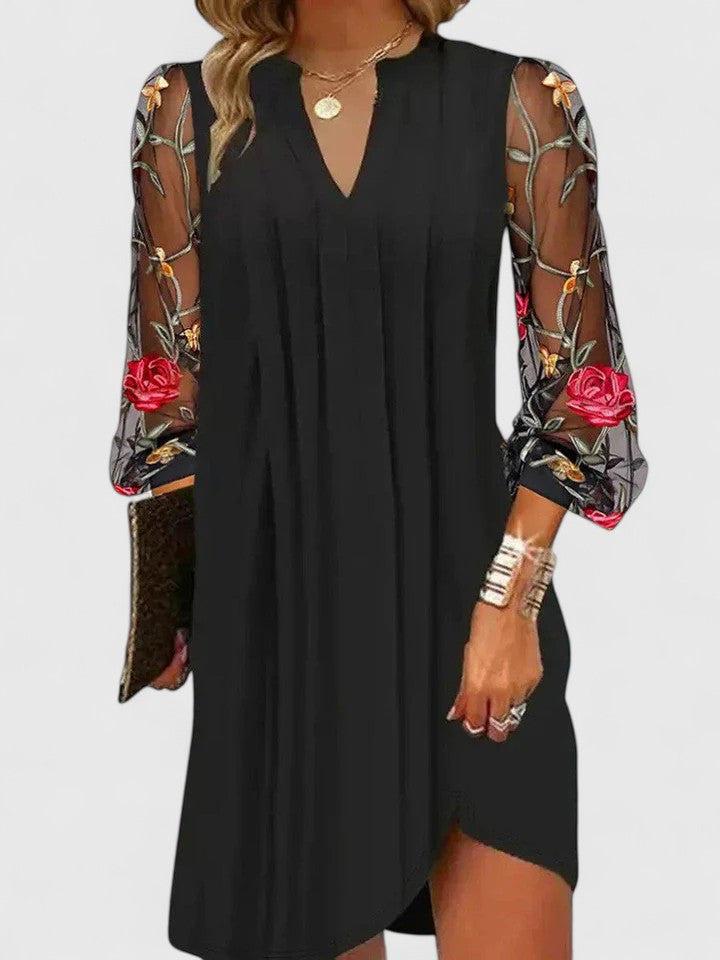 Genevra Hartfield | Black Mesh Embroidered Sleeve Mini Dress