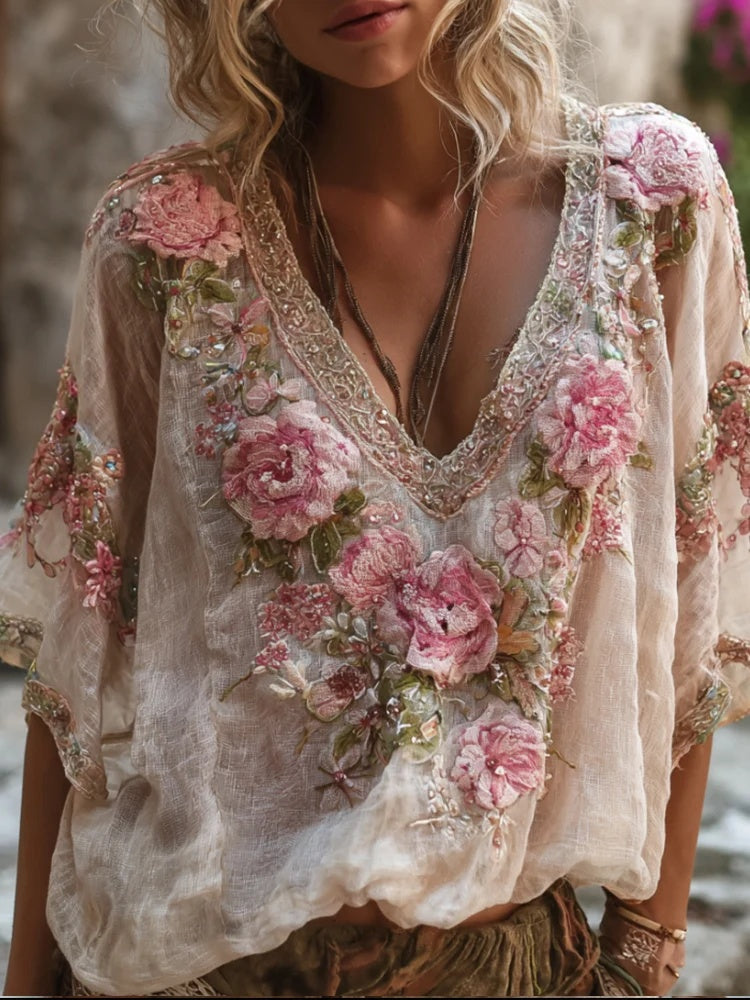 Francesca Beaumont | Floral Embroidered V-Neck Top For Women