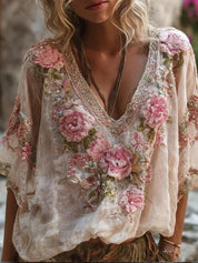 Francesca Beaumont | Floral Embroidered V-Neck Top For Women