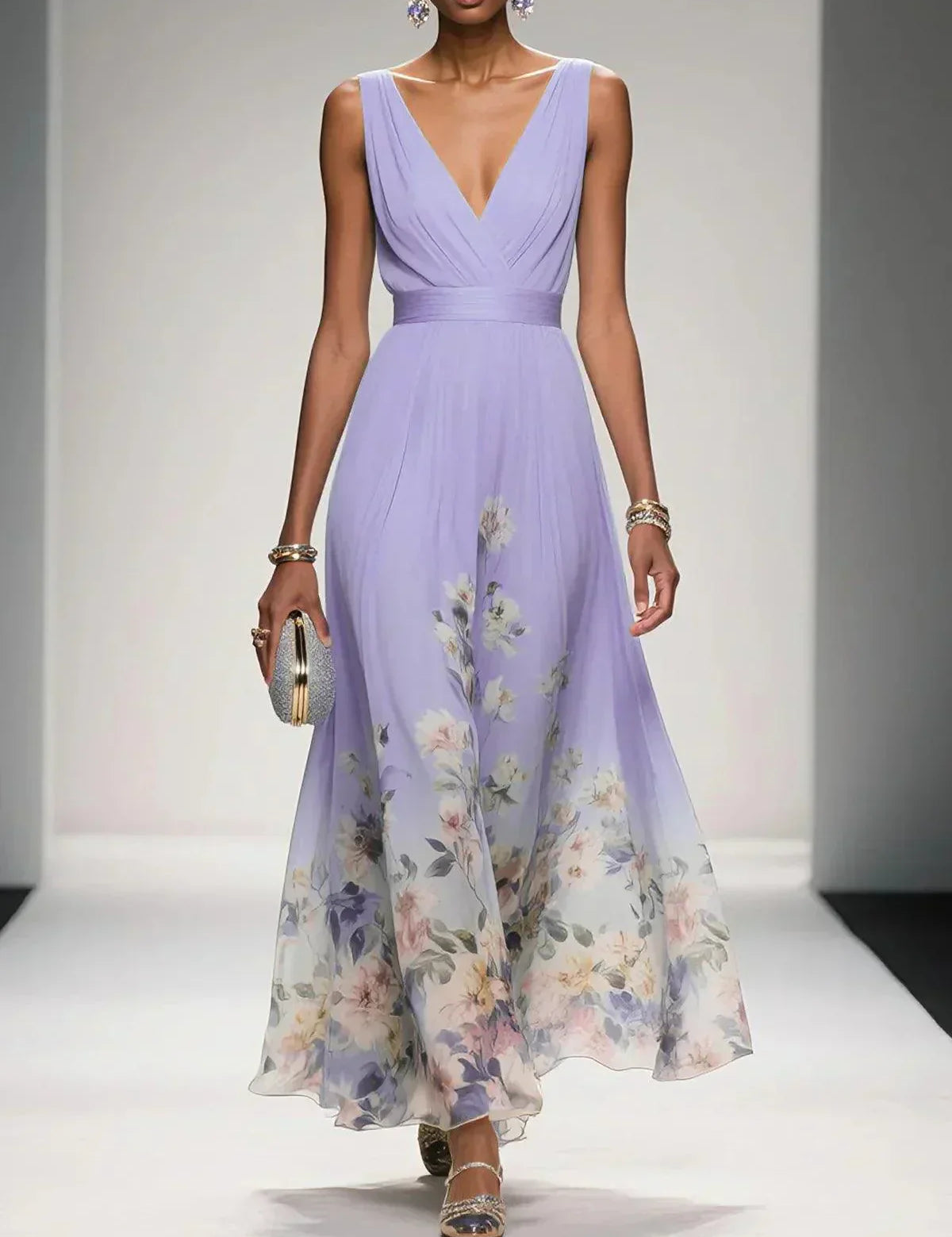 Celestine Dawnmore | Light Blue Floral Maxi V-Neck Dress