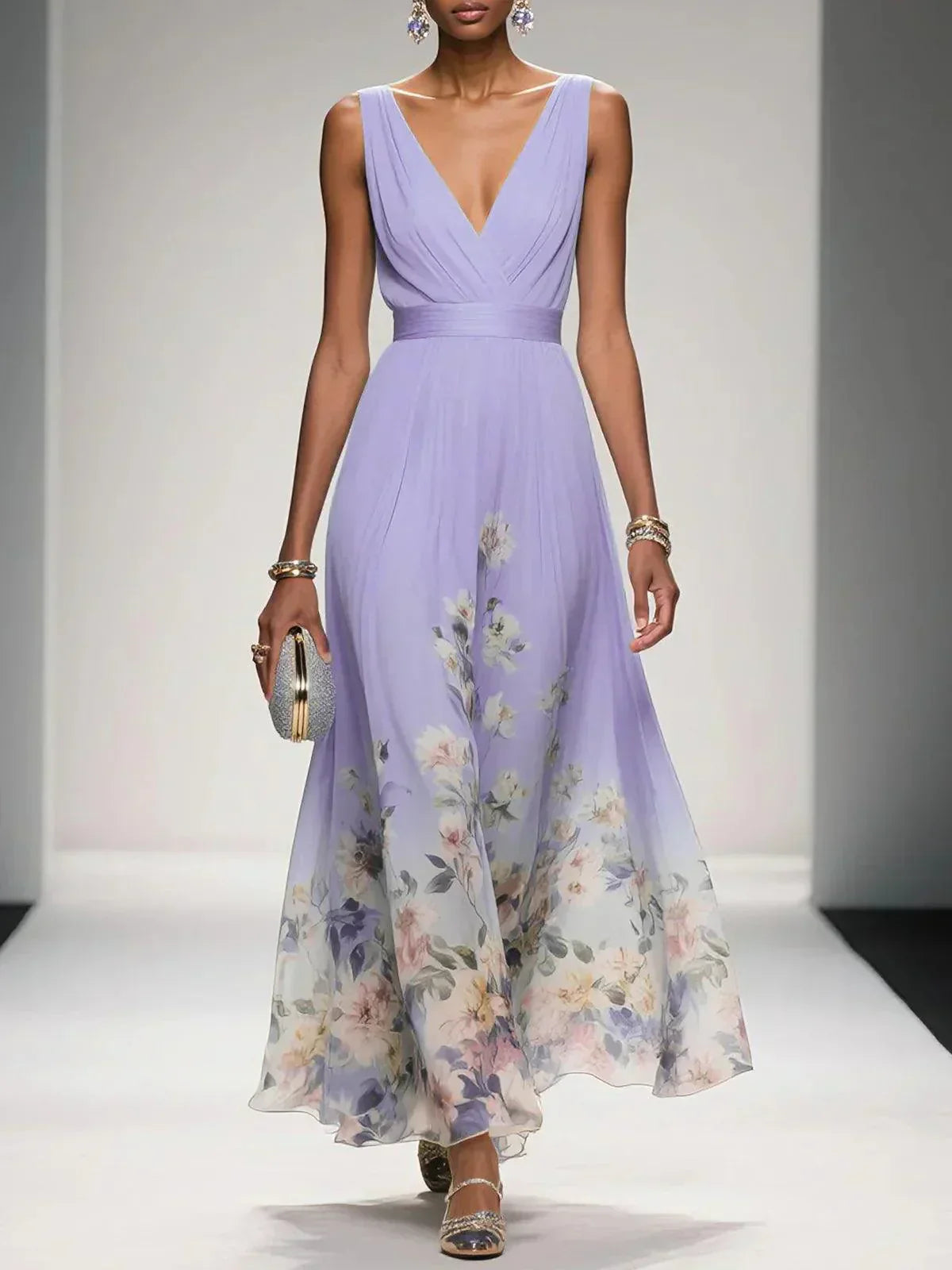 Celestine Dawnmore | Light Blue Floral Maxi V-Neck Dress