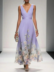 Celestine Dawnmore | Light Blue Floral Maxi V-Neck Dress