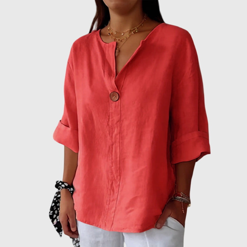 Feliciana Duprés | Linen V-Neck Blouse with Single-Button Closure