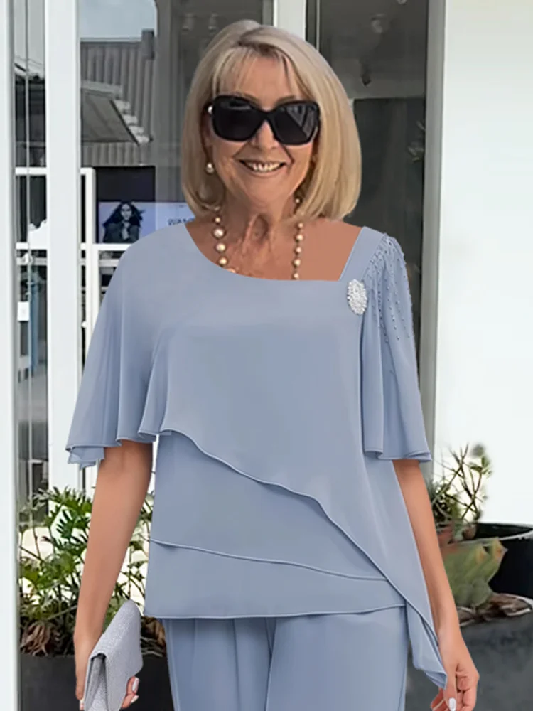 Dorothea Valmontaine | Elegant Blue Chiffon Two-Piece Pants Set
