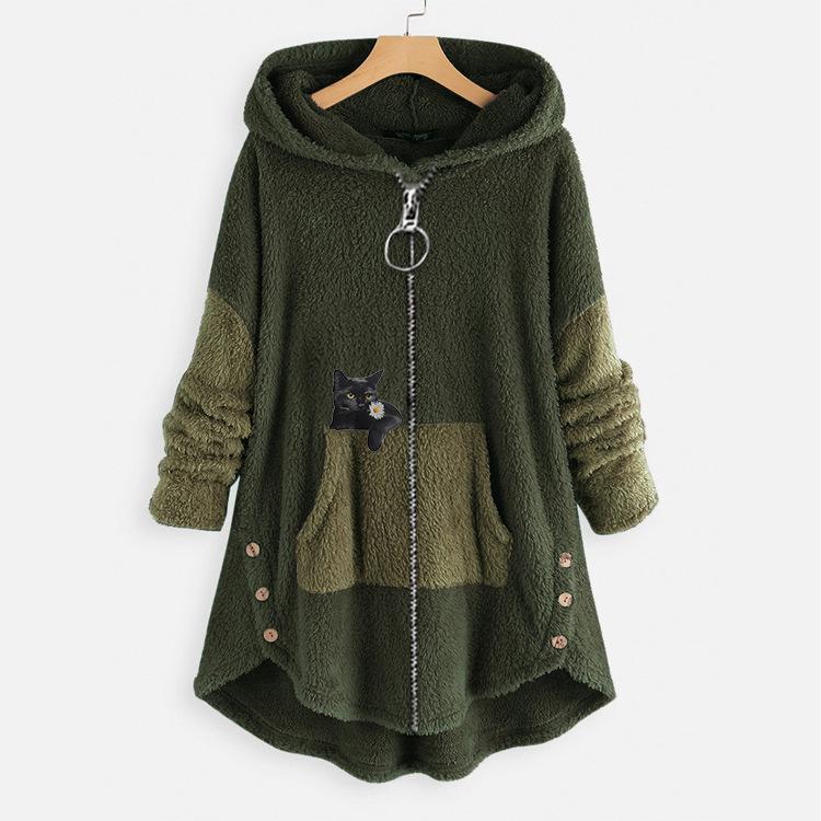 Natalie Fairchild | Cozy Cat-Print Hooded Fleece Coat For Women