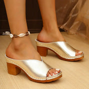 Miriam Lorentine | Silver Block Heel Slide Sandals For Women