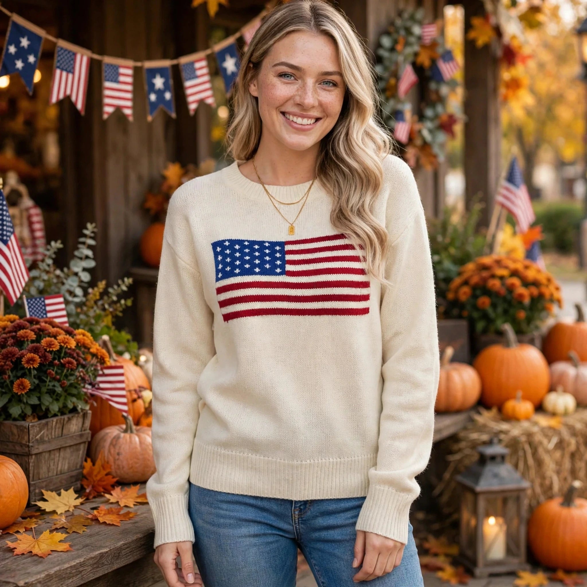 Juliette Sauvage | Cream Retro Flag Veterans Day Sweater For Women