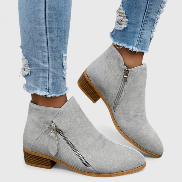 Celestine Fairvaux | Blue Suede Zip Ankle Boot with Block Heel