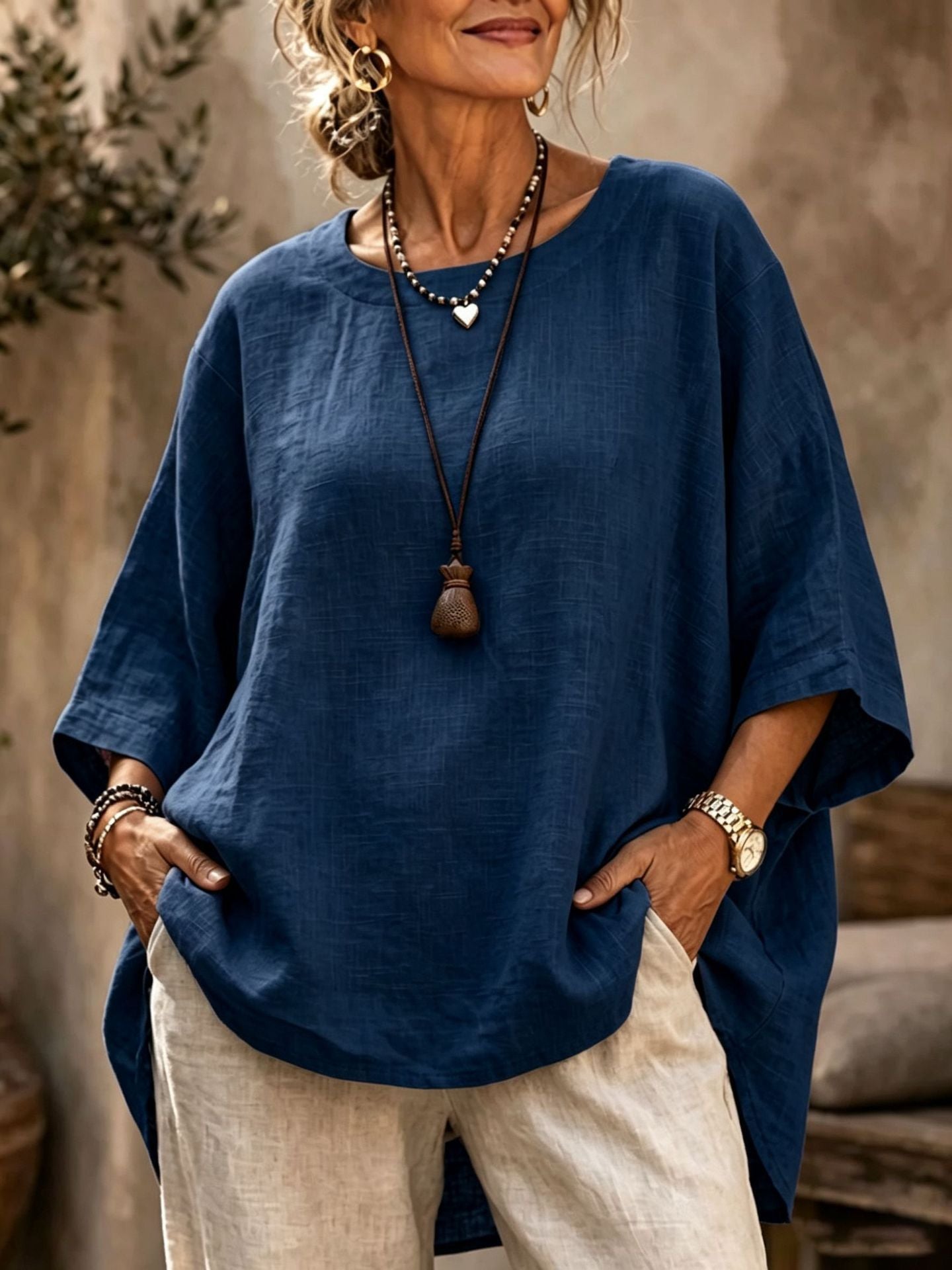 Cecile Fontainebleau | Relaxed Linen-Blend Crew Neck Top For Women