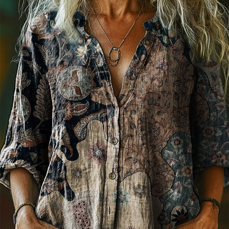 Aurelie Chastain | Vintage Floral Print Linen Shirt For Women