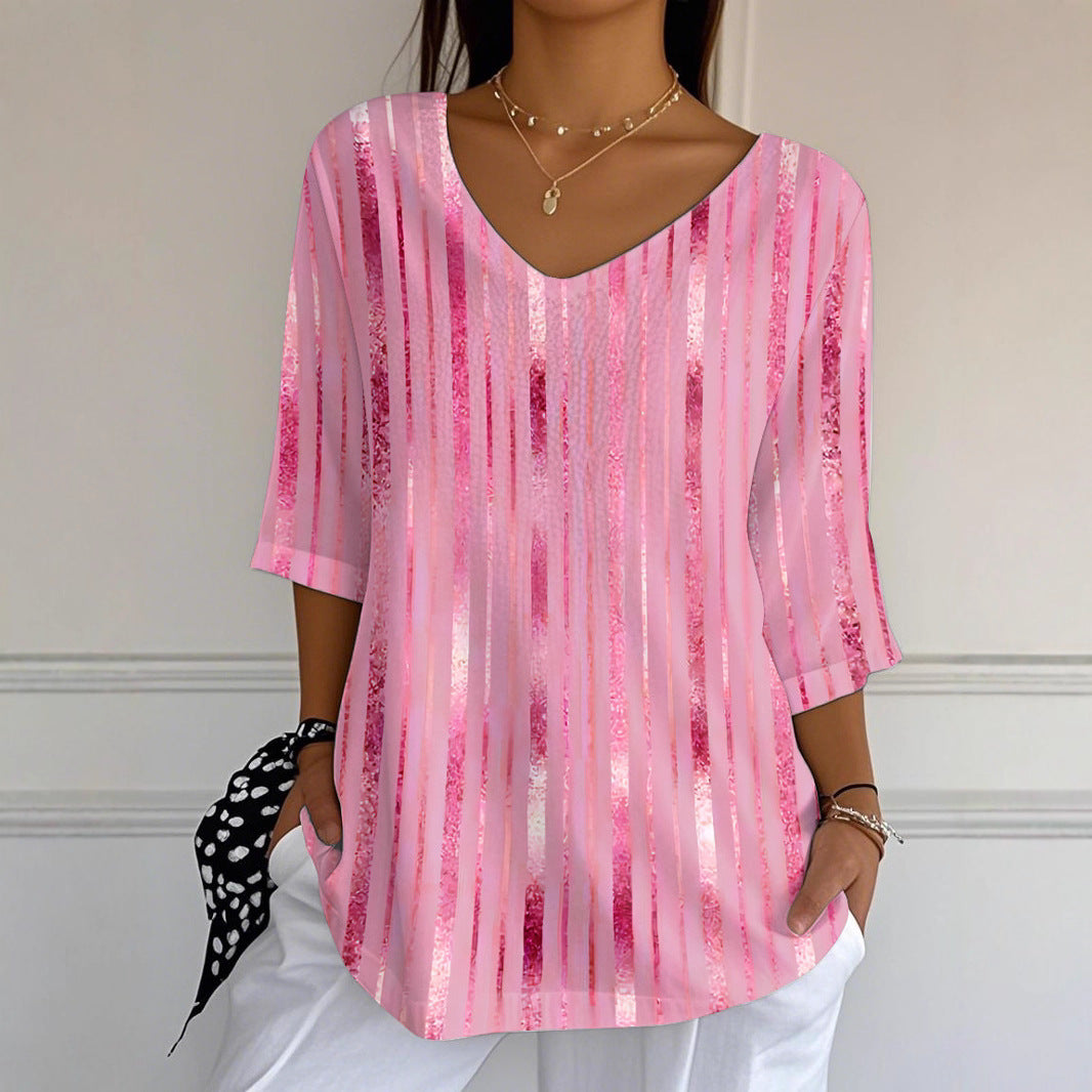 Odessa Fontclair | Pink Striped V-Neck Top For Women