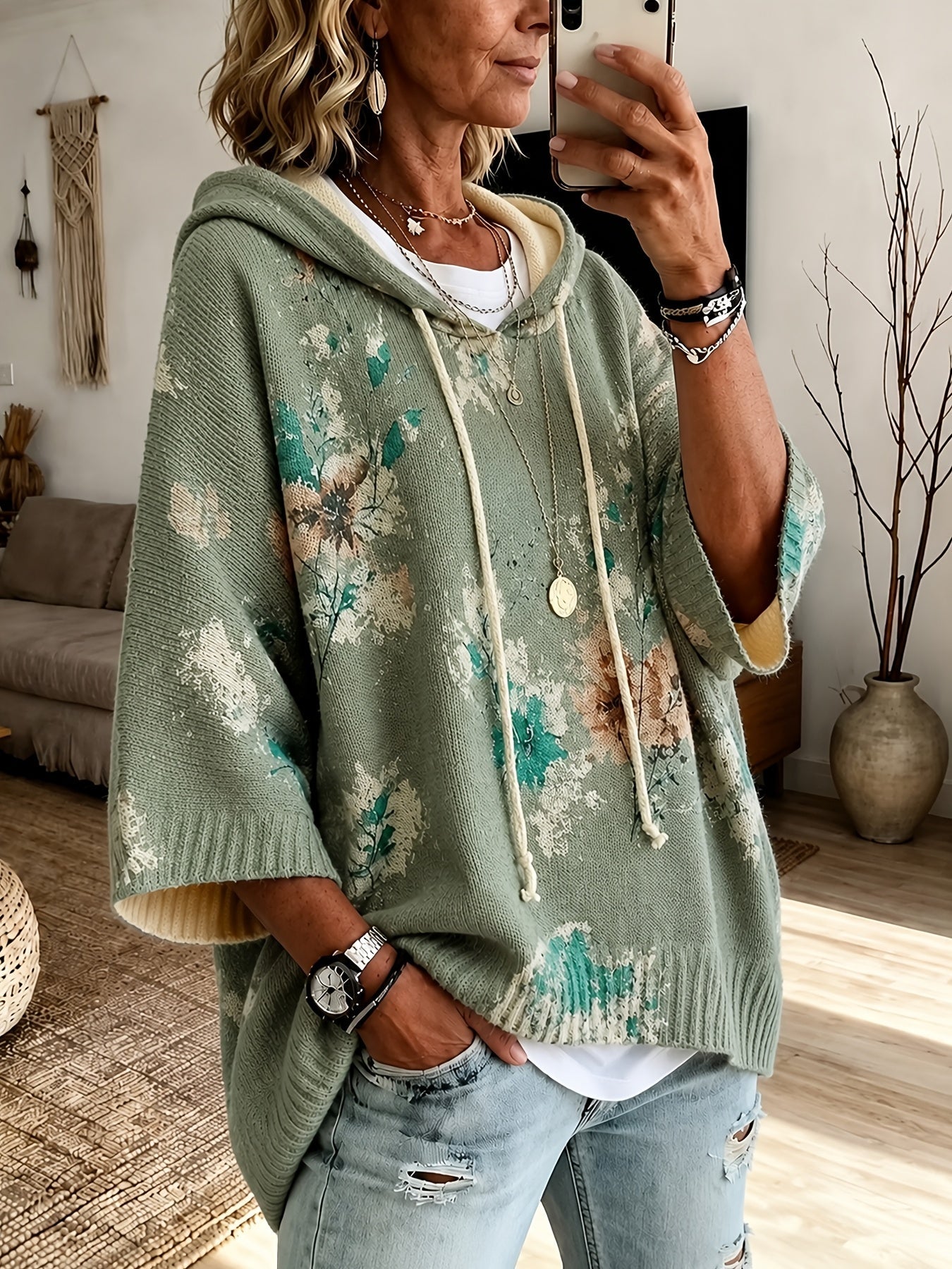Isadora Beaulieu | Floral Hooded Cape Sweater For Women