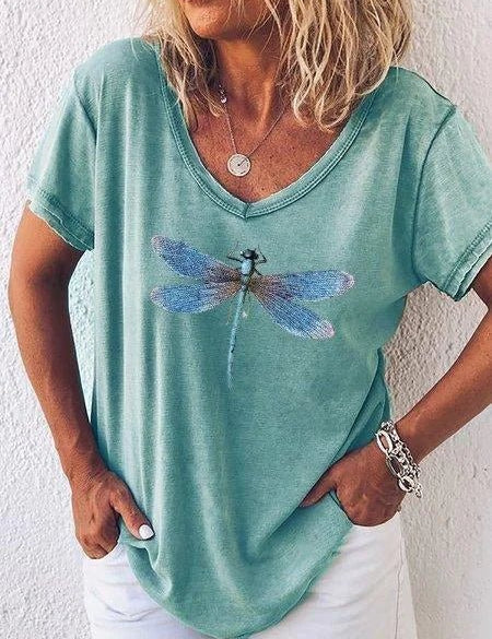 Harriet Ashbourne | Dragonfly Print V-Neck Washed Pink Tee
