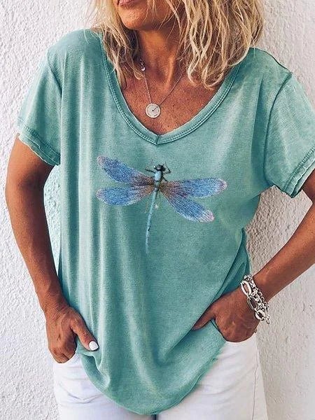 Harriet Ashbourne | Dragonfly Print V-Neck Washed Pink Tee