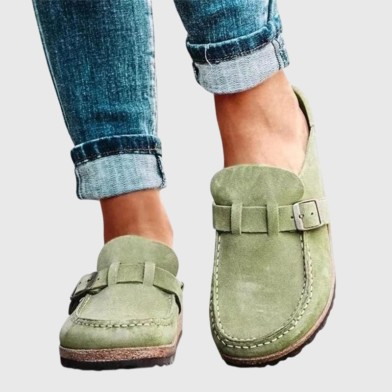 Cordelia Wrenshaw | Suede Buckle Clog Flats for Women