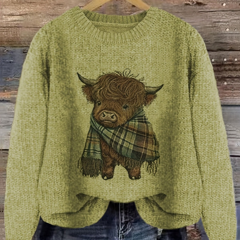 Marguerite Vaillant | Highland Cow Print Knit Sweater For Women