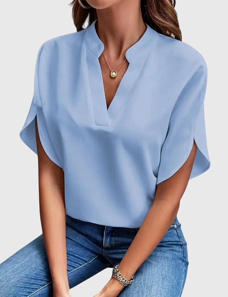 Sylvana Bretoncourt | White V-Neck Short Sleeve Blouse