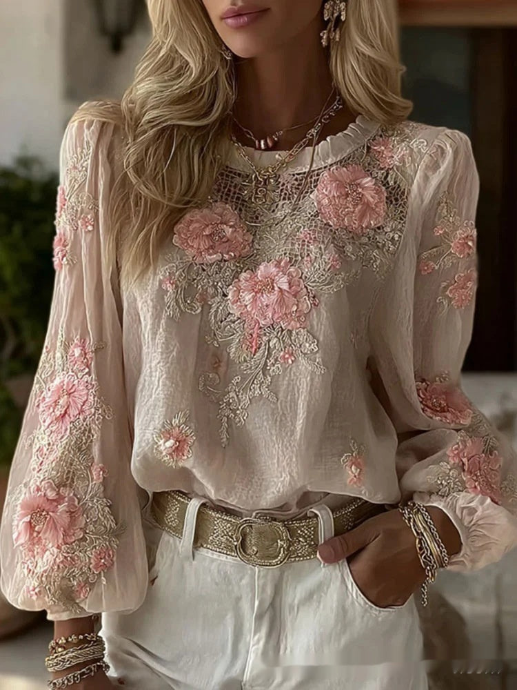 Aurora Delvigne | Rose-Embroidered Bohemian Blouse For Women