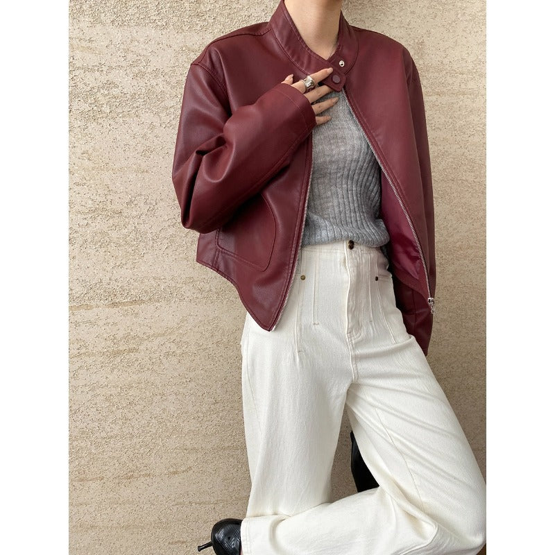Elodie Marchand | Stand Collar Leather Jacket For Women